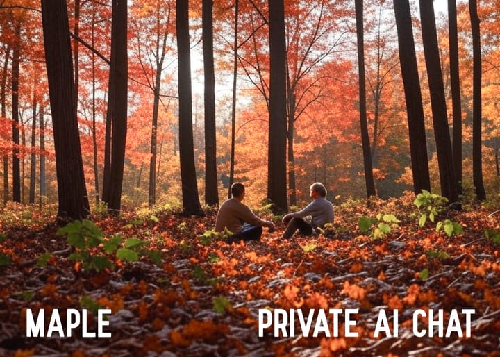 Two people sitting alone on the ground in a maple tree forest